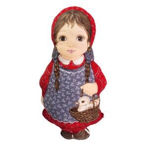 Vtg Handmade Cranston Cloth Pillow Doll in Blue Dress with Duck in Basket 16"